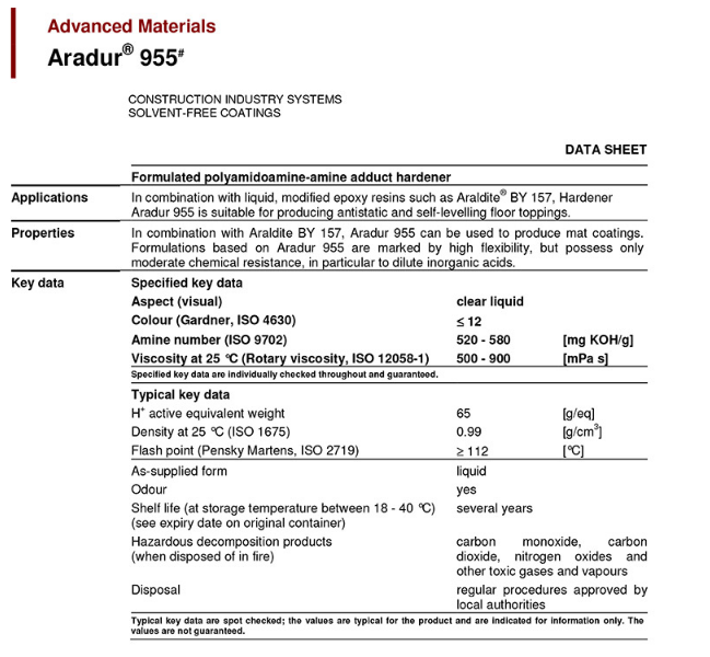 亨斯迈环氧聚酰胺及改性胺固化剂溶液   Aradur 955
