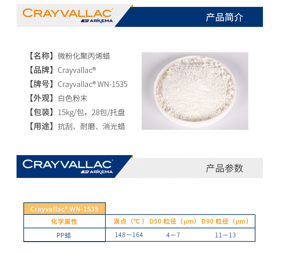 阿科玛聚丙烯蜡 Crayvallac WN-1535水性抗刮消光PP蜡粉