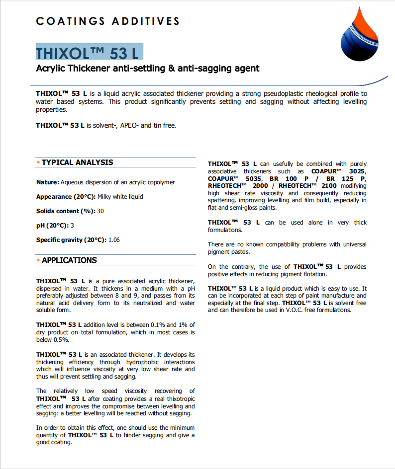 高泰水性增稠剂THIXOL™ 53L 低剪切粘度缔合型水性增稠剂