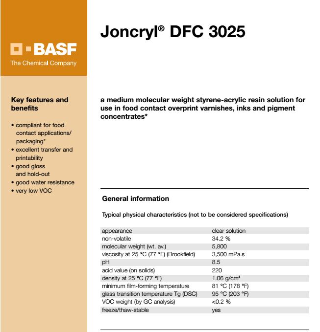 巴斯夫食品可接触级产品 Joncryl DFC 3025