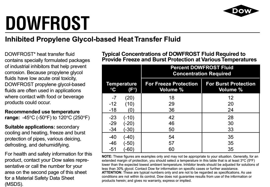 美国陶氏低温冷煤冷却液Dowfrost，丙烯丙二醇陶氏防冻液