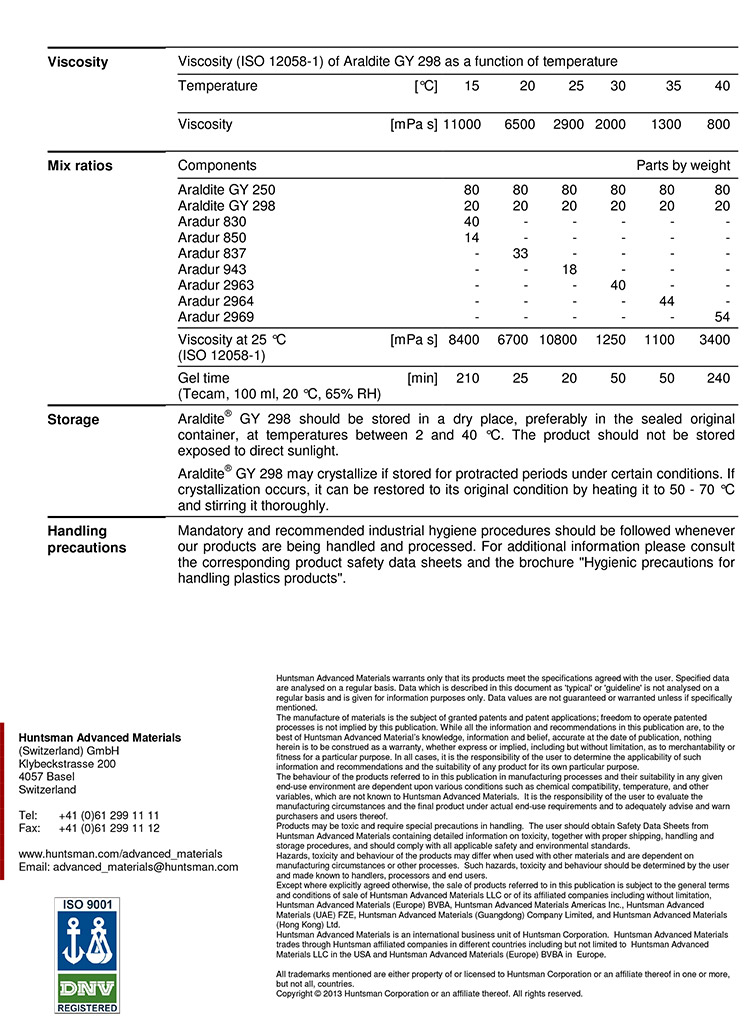 亨斯曼高性能环氧树脂GY 298
