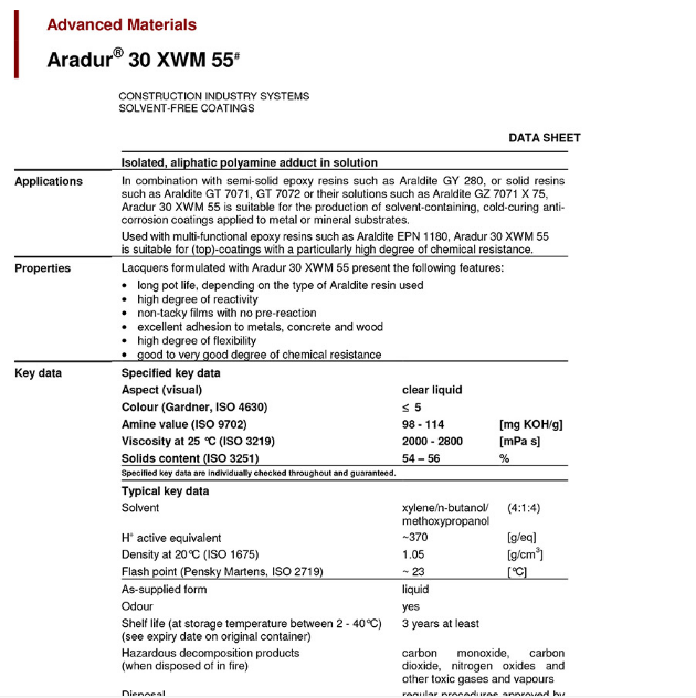 亨斯迈环氧聚酰胺及改性胺固化剂溶液   Aradur 30XWM55