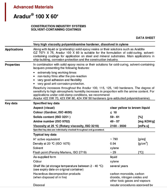 亨斯迈环氧聚酰胺及改性胺固化剂溶液   Aradur 100X60