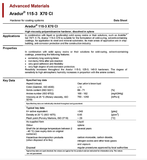 亨斯迈环氧聚酰胺及改性胺固化剂溶液   Aradur 115X70