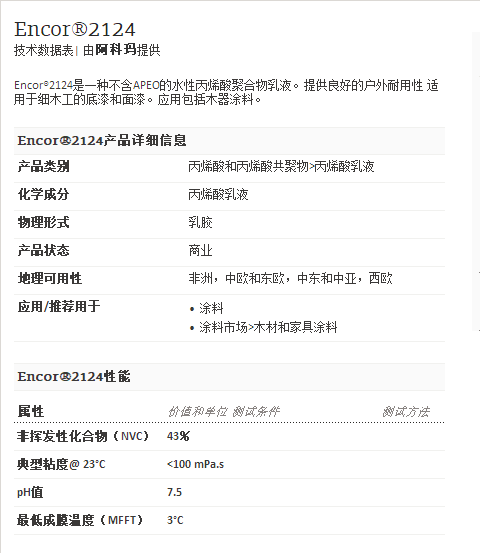 阿科玛丙烯酸聚合物   Encor®2124