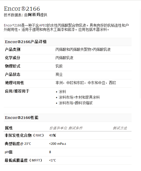 阿科玛丙烯酸聚合物   Encor®2166