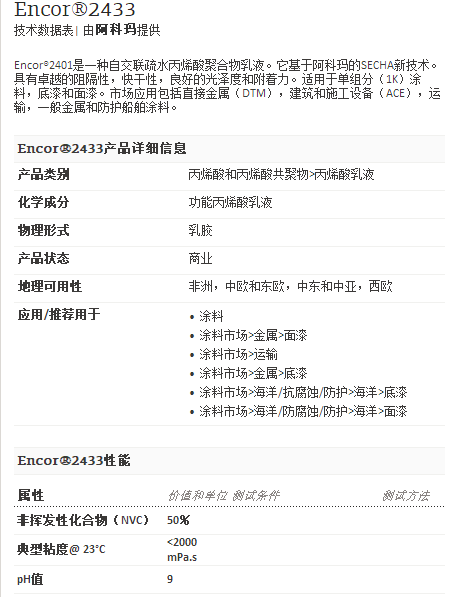 阿科玛丙烯酸聚合物    Encor®2433