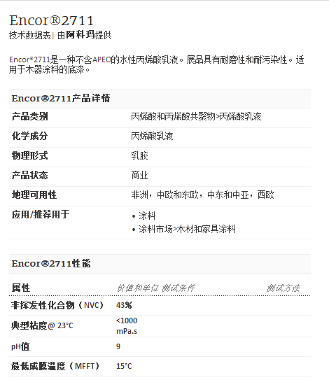阿科玛丙烯酸聚合物     Encor®2711