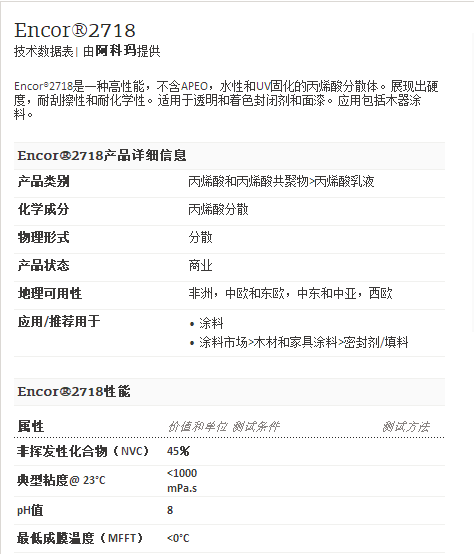 阿科玛丙烯酸聚合物     Encor®2718