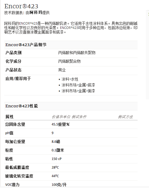 阿科玛丙烯酸聚合物    Encor®423