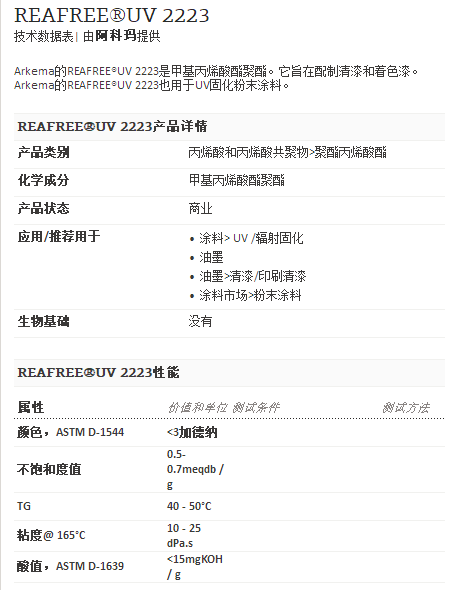 阿科玛丙烯酸聚合物 REAFREE®UV 2223