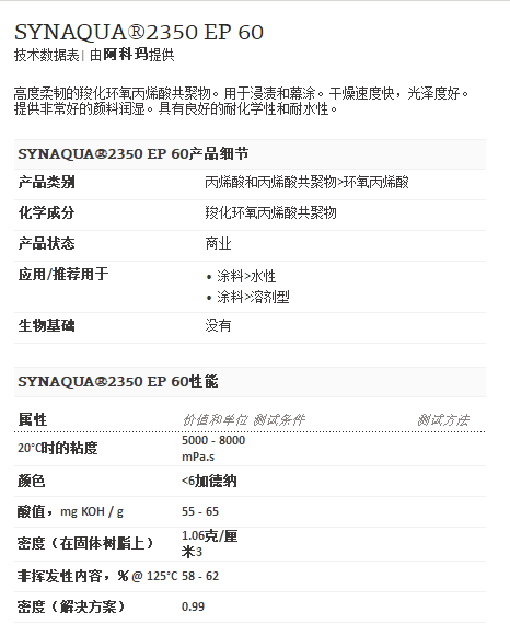 阿科玛丙烯酸聚合物 SYNAQUA®2350 EP 60