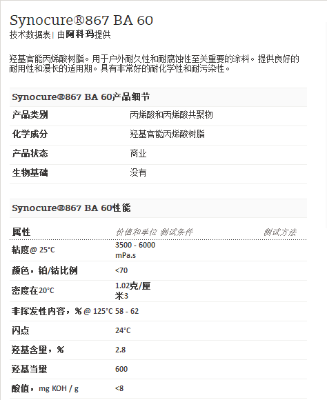 阿科玛丙烯酸聚合物 Synocure®867 BA 60