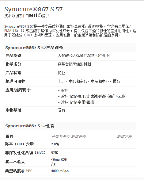 阿科玛丙烯酸聚合物 Synocure®867 S 57