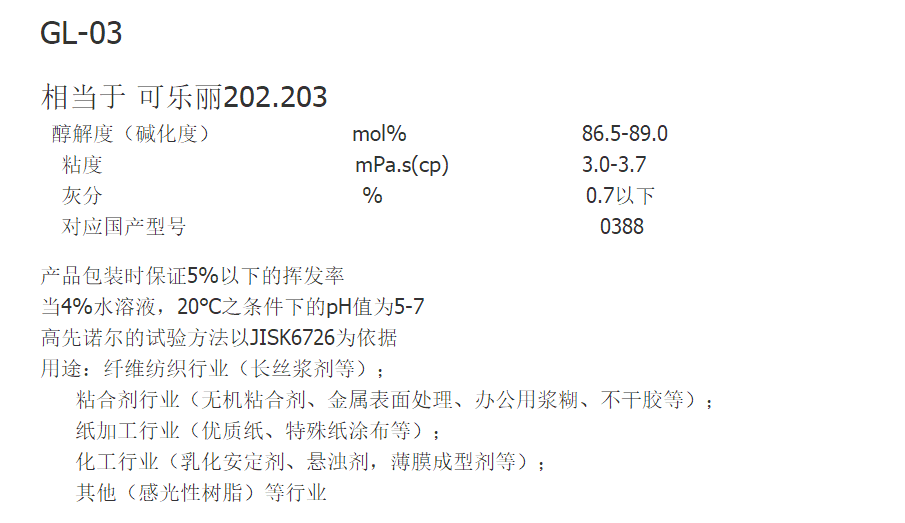 优质品日本合成化学 聚乙烯醇 PVA GL-03 低粘0388