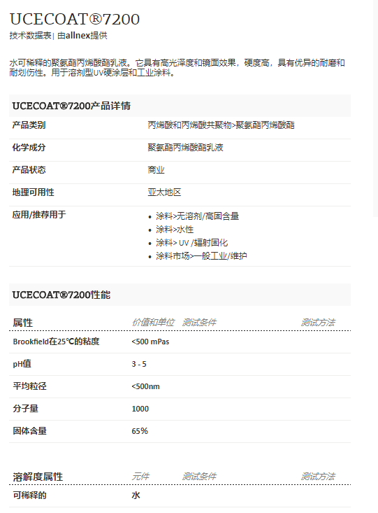 湛新水性UV树脂UCECOAT®7200