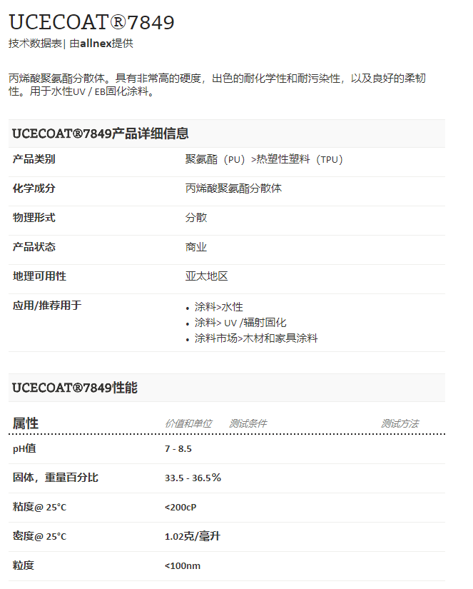 湛新水性UV树脂UCECOAT®7849