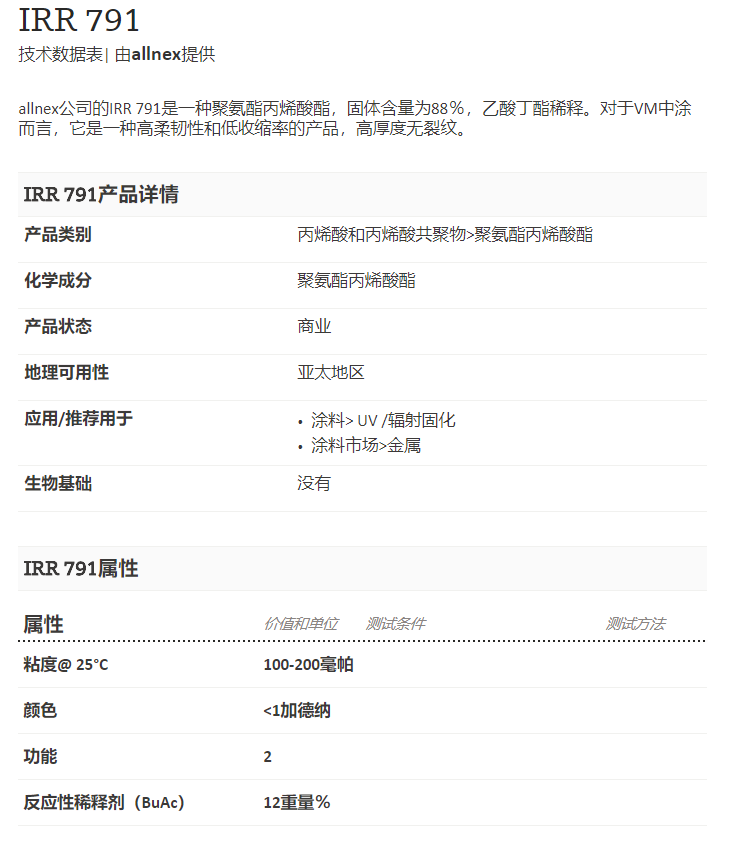 湛新能量固化树脂IRR 791