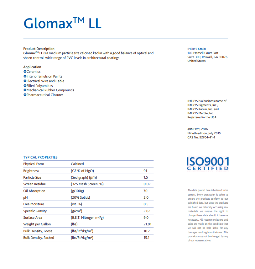 IMERYS英格瓷Glomax LL 电缆料专用-美国进口煅烧高岭土(无水硅酸铝)