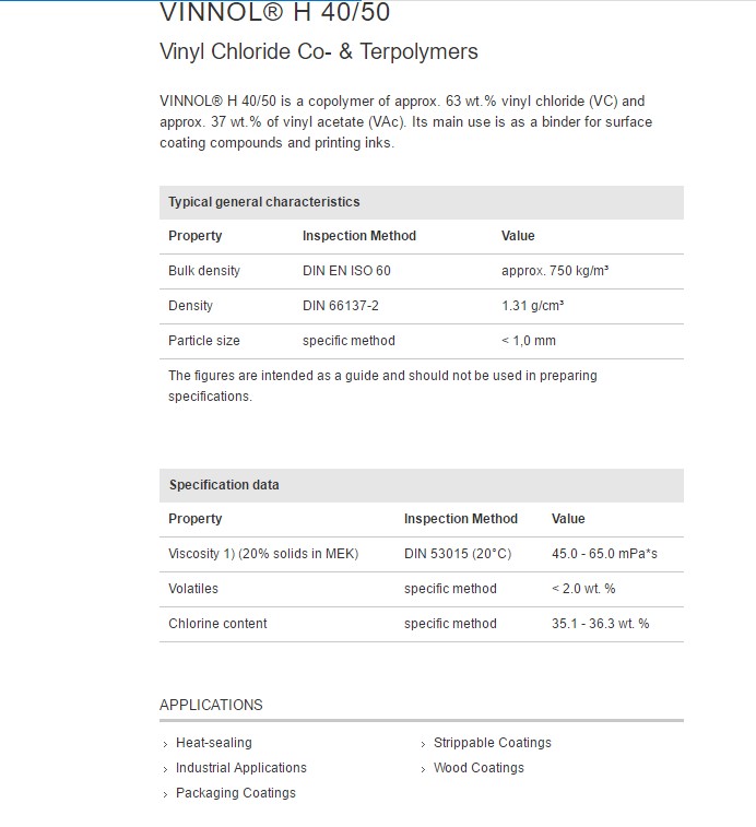 德国瓦克氯醋树脂VINNOL®H 40 50