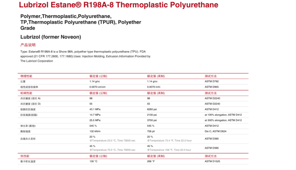 TPU R198A 美国Lubrizol 高抗冲 电线电缆级