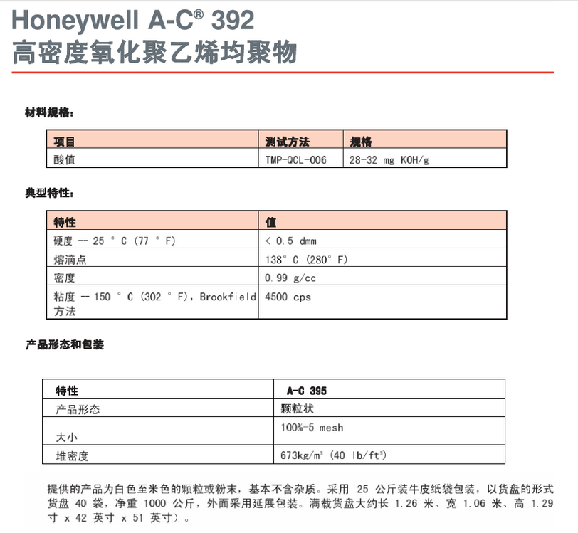 霍尼韦尔 AC392 高密度氧化聚乙烯均聚物