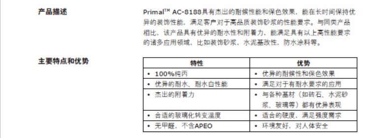 陶氏罗门哈斯PRIMAL百历摩 AC-8188改性纯丙乳液，外墙装饰砂浆，真石漆专用乳液