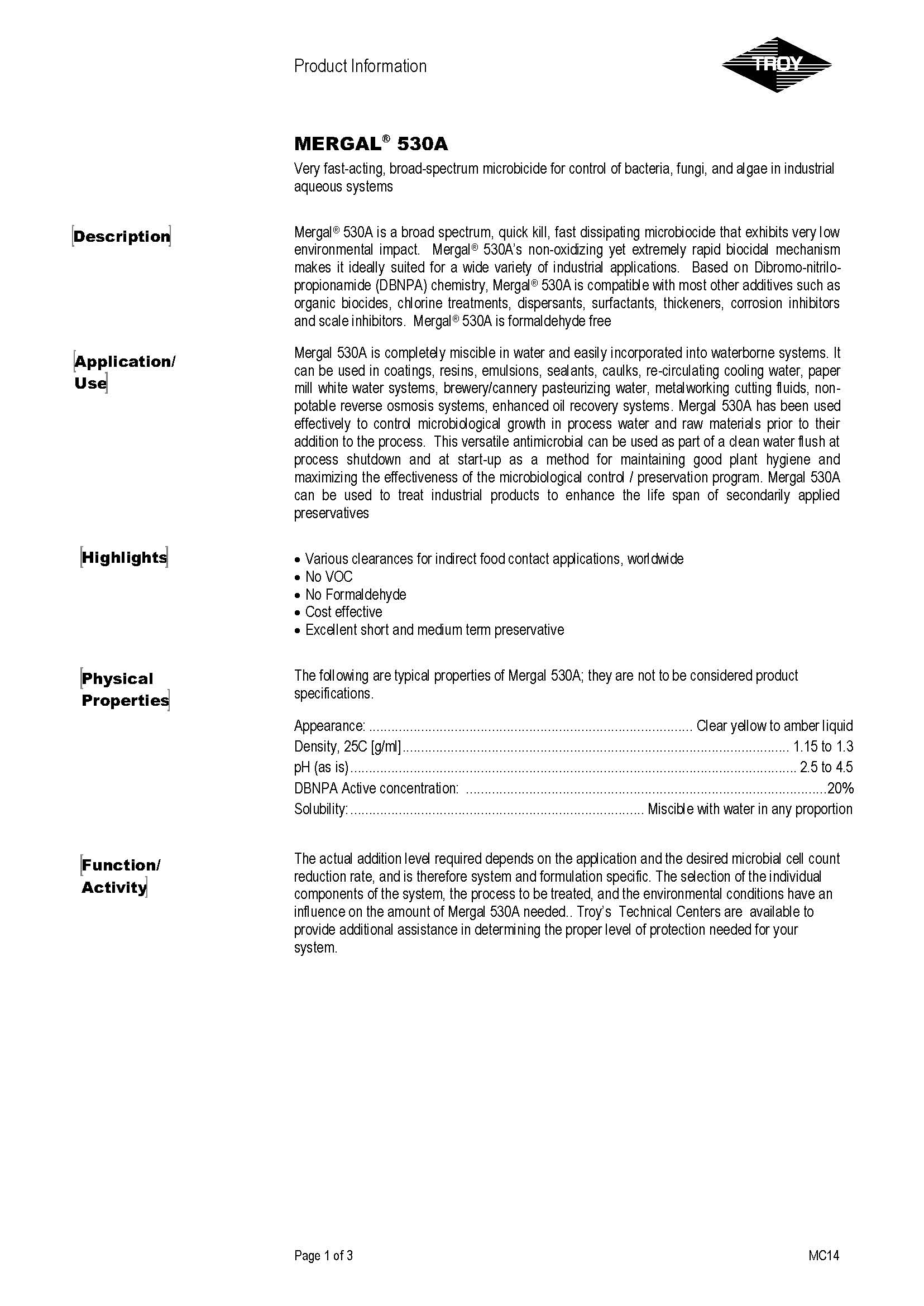 美国Troy快速杀菌剂MERGAL 530A
